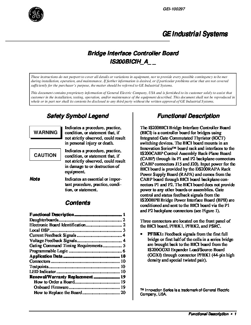 First Page Image of Bridge Interface Controller Board IS200BICIH1ADB GEI-100297 Manual Introduction.pdf